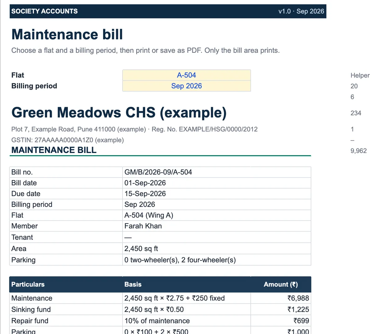 Printable maintenance bill for one flat of an example society, with bill number, dates, area, parking and charges for maintenance, sinking fund, repair fund and parking
